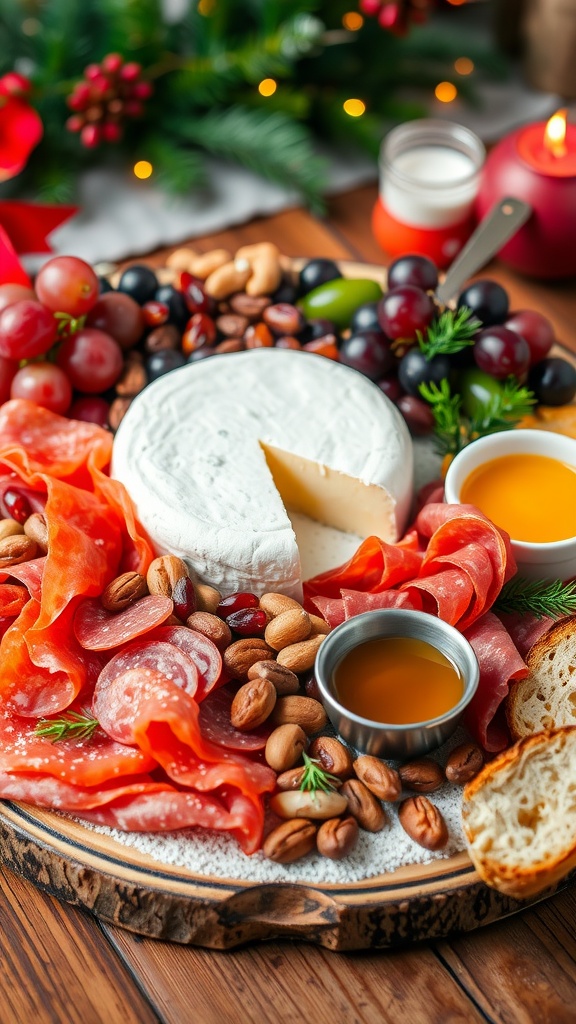 A festive Christmas appetizer board with cheeses, meats, fruits, and nuts garnished with herbs.